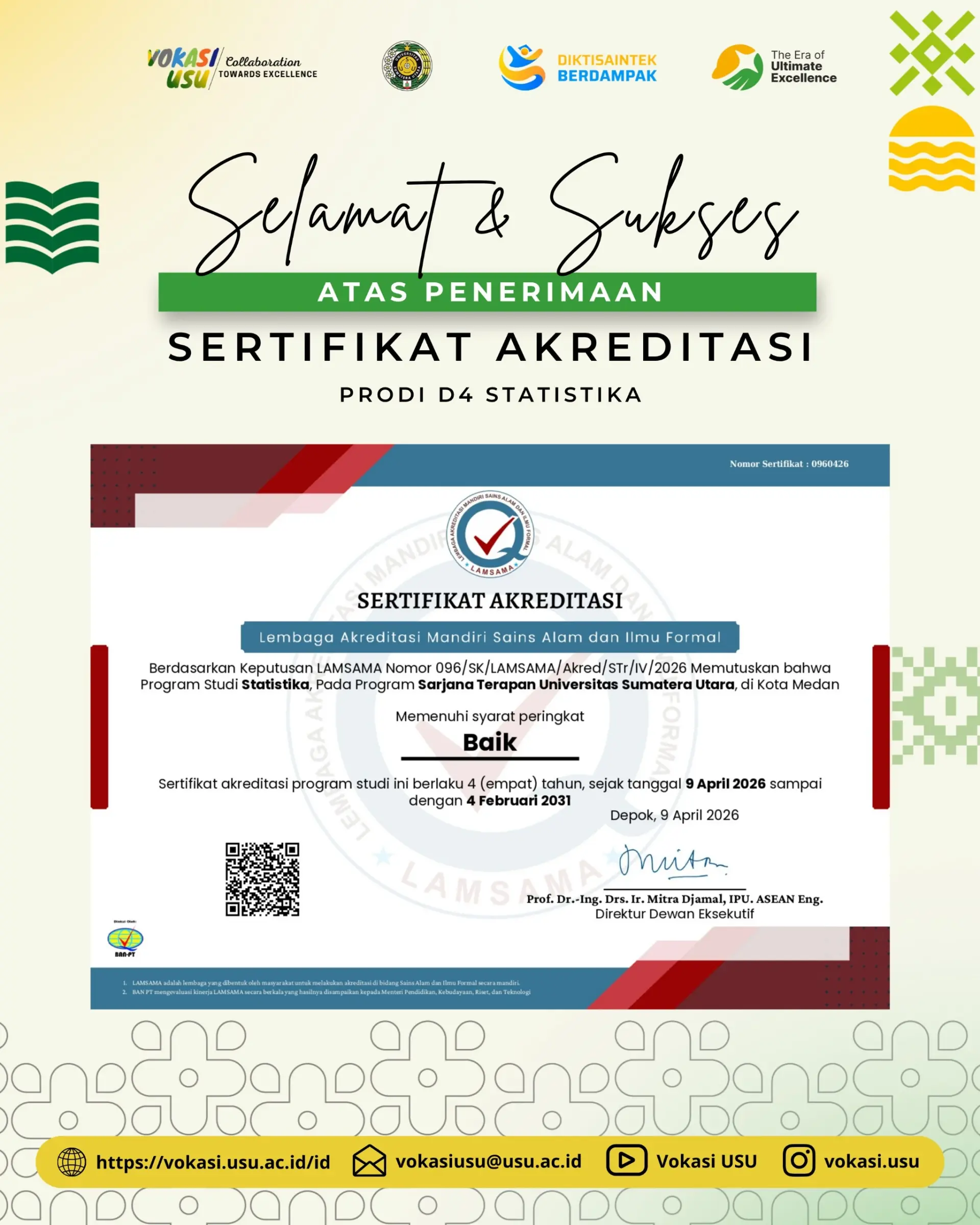 Selamat dan Sukses atas Penerimaan Sertifikat Akreditasi Program Studi D4 Statistika